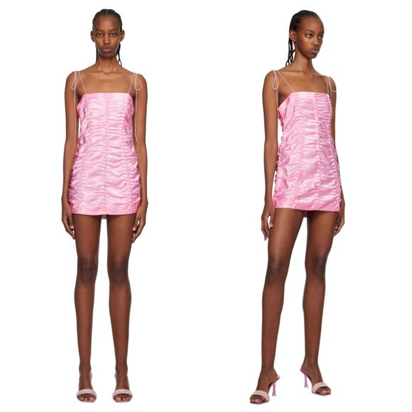 Anna October Dresses & Skirts - Anna October Angie Pink Ruched Gathered Tie Strap Satin Mini Dress Size US 8